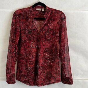 Chico’s Red Paisley Blouse Size S Sheer Long Sleeve Boho Vibes Festival Country